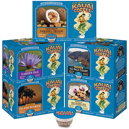 Kauai Coffee Variety Pack - 1 Box of 12 Single Serve Pods For Each Flavor, 60 Count- Coconut Caramel Crunch, Garden Isle, Island Sunrise, Napali Coast and Vanilla Macadamia Nut